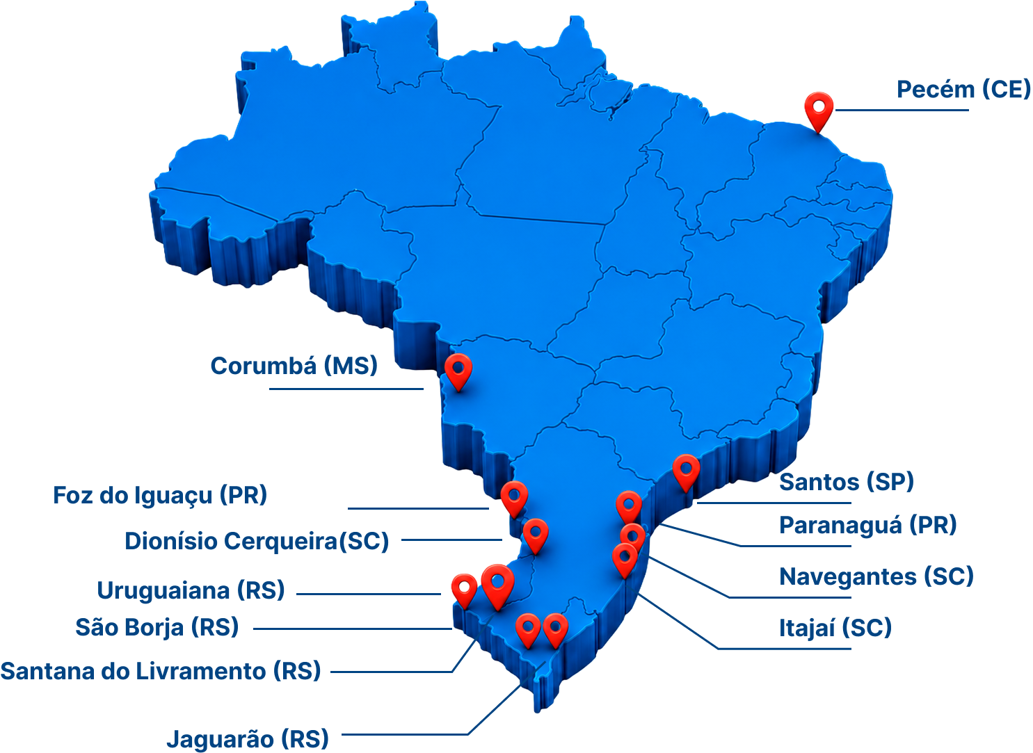 Mapa do Brasil destacando as 15 cidades atendidas pela Convex